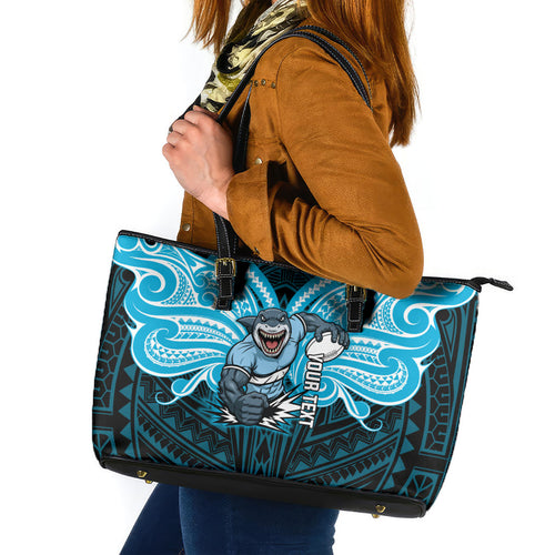 Custom Cronulla-Sutherland Sharks Leather Tote Bag Shark Warrior Polynesia Islander Rugby Mascot