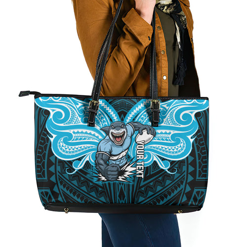 Custom Cronulla-Sutherland Sharks Leather Tote Bag Shark Warrior Polynesia Islander Rugby Mascot