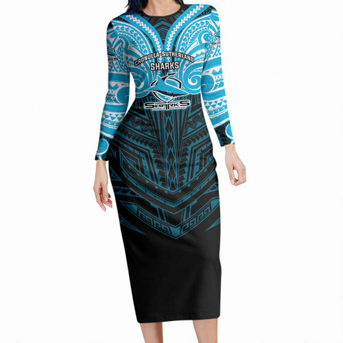 Custom Cronulla-Sutherland Sharks Long Sleeve Bodycon Dress Shark Warrior Polynesia Islander Rugby Mascot