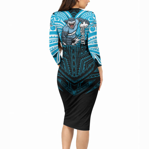 Custom Cronulla-Sutherland Sharks Long Sleeve Bodycon Dress Shark Warrior Polynesia Islander Rugby Mascot