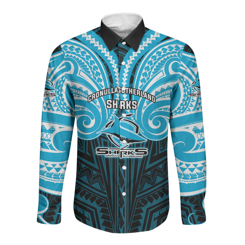 Custom Cronulla-Sutherland Sharks Long Sleeve Button Shirt Shark Warrior Polynesia Islander Rugby Mascot