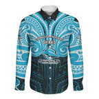 Custom Cronulla-Sutherland Sharks Long Sleeve Button Shirt Shark Warrior Polynesia Islander Rugby Mascot