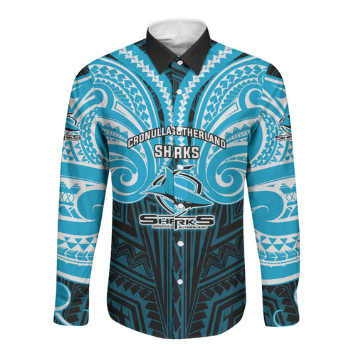 Custom Cronulla-Sutherland Sharks Long Sleeve Button Shirt Shark Warrior Polynesia Islander Rugby Mascot