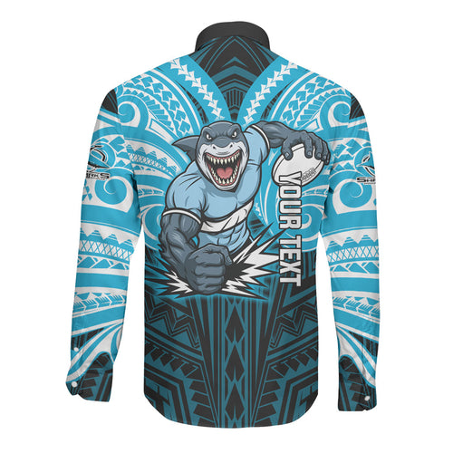 Custom Cronulla-Sutherland Sharks Long Sleeve Button Shirt Shark Warrior Polynesia Islander Rugby Mascot