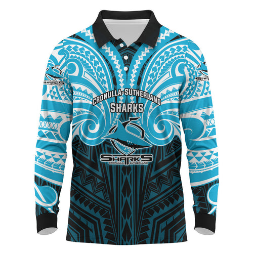 Custom Cronulla-Sutherland Sharks Long Sleeve Polo Shirt Shark Warrior Polynesia Islander Rugby Mascot
