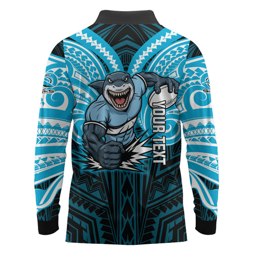 Custom Cronulla-Sutherland Sharks Long Sleeve Polo Shirt Shark Warrior Polynesia Islander Rugby Mascot