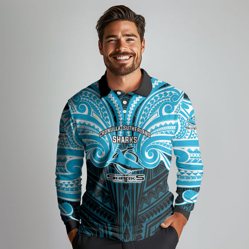Custom Cronulla-Sutherland Sharks Long Sleeve Polo Shirt Shark Warrior Polynesia Islander Rugby Mascot
