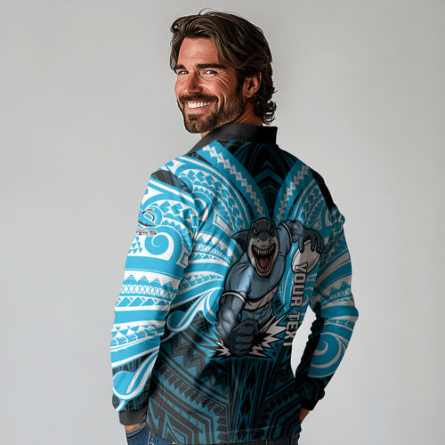 Custom Cronulla-Sutherland Sharks Long Sleeve Polo Shirt Shark Warrior Polynesia Islander Rugby Mascot