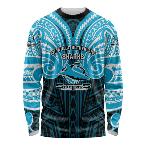 Custom Cronulla-Sutherland Sharks Long Sleeve Shirt Shark Warrior Polynesia Islander Rugby Mascot