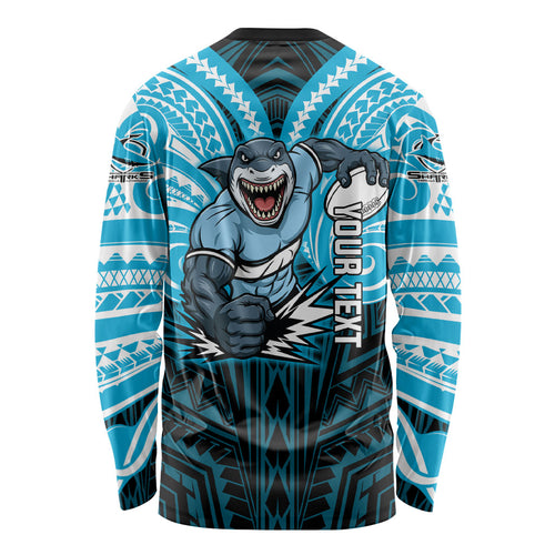 Custom Cronulla-Sutherland Sharks Long Sleeve Shirt Shark Warrior Polynesia Islander Rugby Mascot