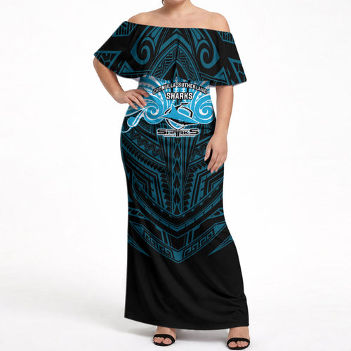 Custom Cronulla-Sutherland Sharks Off Shoulder Maxi Dress Shark Warrior Polynesia Islander Rugby Mascot
