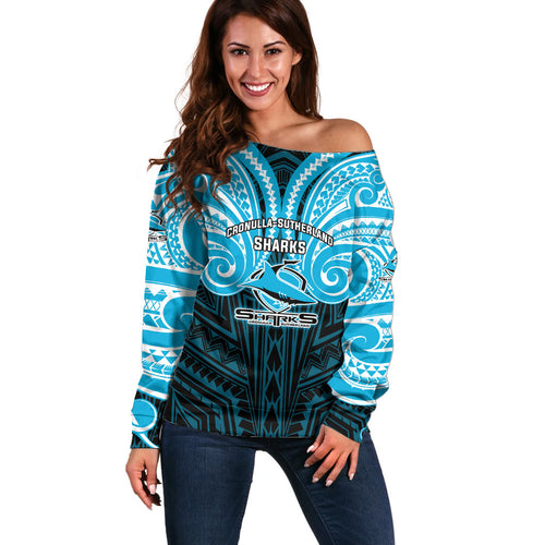 Custom Cronulla-Sutherland Sharks Off Shoulder Sweater Shark Warrior Polynesia Islander Rugby Mascot
