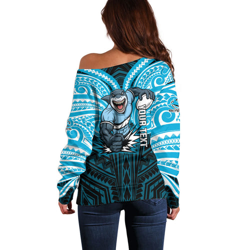 Custom Cronulla-Sutherland Sharks Off Shoulder Sweater Shark Warrior Polynesia Islander Rugby Mascot
