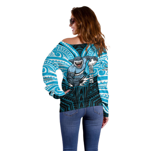 Custom Cronulla-Sutherland Sharks Off Shoulder Sweater Shark Warrior Polynesia Islander Rugby Mascot