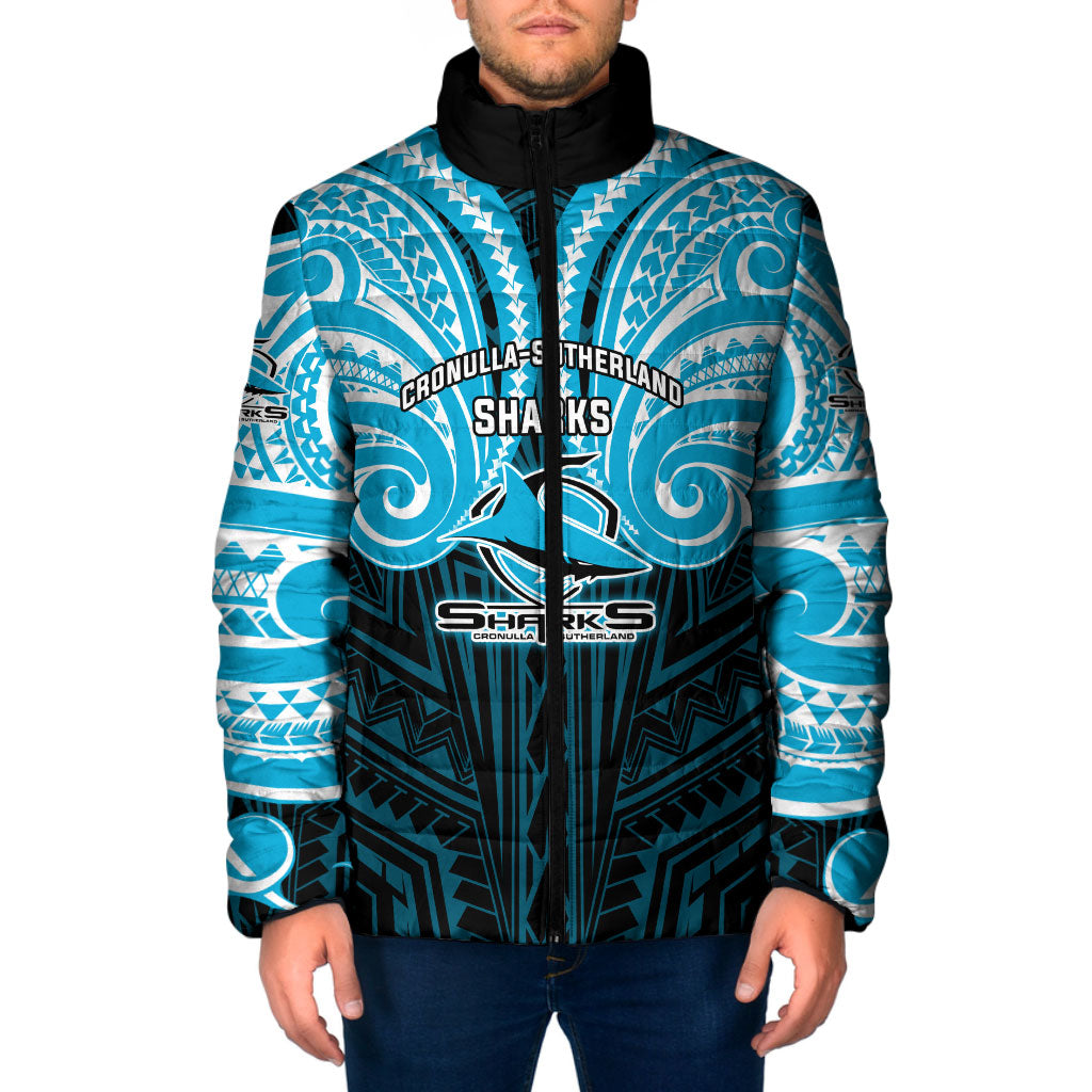Custom Cronulla-Sutherland Sharks Padded Jacket Shark Warrior Polynesia Islander Rugby Mascot