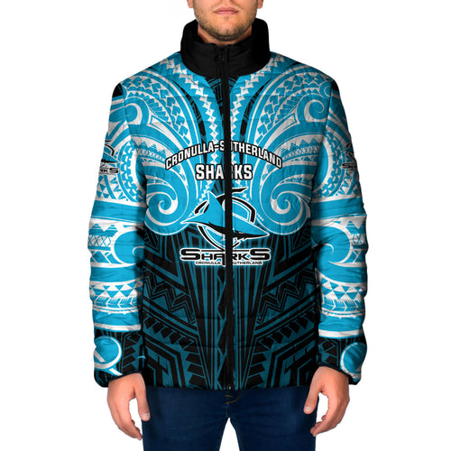 Custom Cronulla-Sutherland Sharks Padded Jacket Shark Warrior Polynesia Islander Rugby Mascot