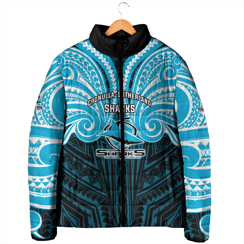 Custom Cronulla-Sutherland Sharks Padded Jacket Shark Warrior Polynesia Islander Rugby Mascot