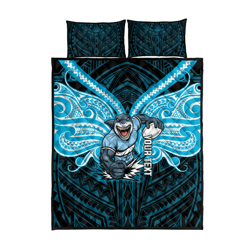 Custom Cronulla-Sutherland Sharks Quilt Bed Set Shark Warrior Polynesia Islander Rugby Mascot