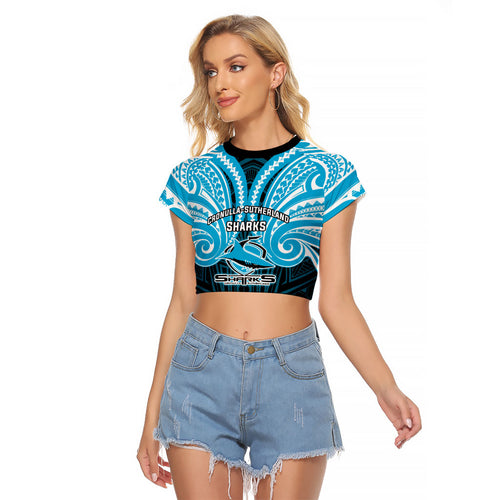 Custom Cronulla-Sutherland Sharks Raglan Cropped T Shirt Shark Warrior Polynesia Islander Rugby Mascot
