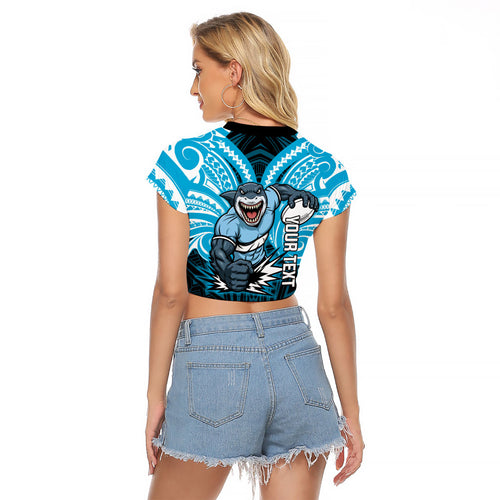 Custom Cronulla-Sutherland Sharks Raglan Cropped T Shirt Shark Warrior Polynesia Islander Rugby Mascot