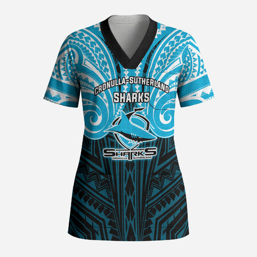 Custom Cronulla-Sutherland Sharks Scrub Top Shark Warrior Polynesia Islander Rugby Mascot