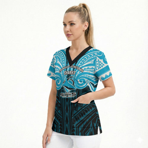 Custom Cronulla-Sutherland Sharks Scrub Top Shark Warrior Polynesia Islander Rugby Mascot