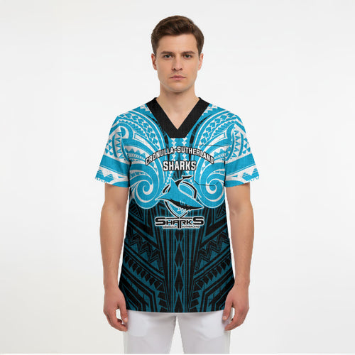 Custom Cronulla-Sutherland Sharks Scrub Top Shark Warrior Polynesia Islander Rugby Mascot