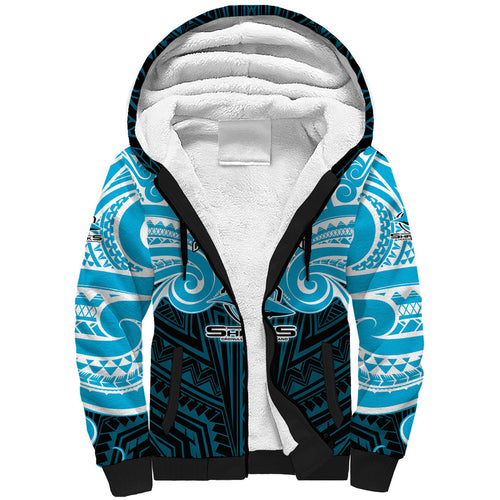 Custom Cronulla-Sutherland Sharks Sherpa Hoodie Shark Warrior Polynesia Islander Rugby Mascot