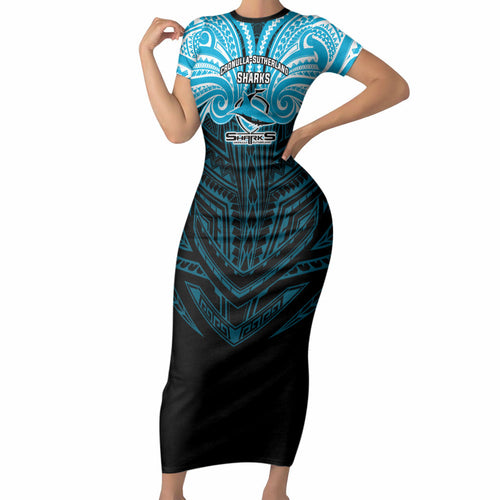 Custom Cronulla-Sutherland Sharks Short Sleeve Bodycon Dress Shark Warrior Polynesia Islander Rugby Mascot