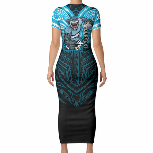 Custom Cronulla-Sutherland Sharks Short Sleeve Bodycon Dress Shark Warrior Polynesia Islander Rugby Mascot