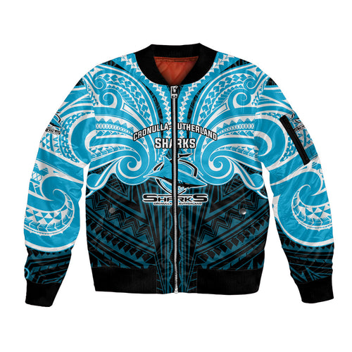 Custom Cronulla-Sutherland Sharks Sleeve Zip Bomber Jacket Shark Warrior Polynesia Islander Rugby Mascot