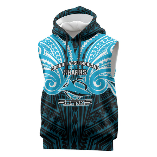Custom Cronulla-Sutherland Sharks Sleeveless Hoodie Shark Warrior Polynesia Islander Rugby Mascot