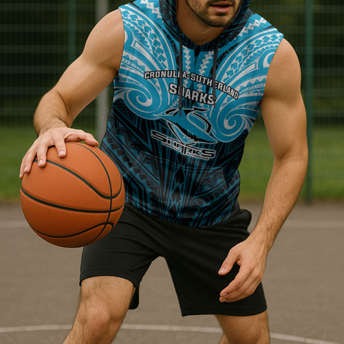 Custom Cronulla-Sutherland Sharks Sleeveless Hoodie Shark Warrior Polynesia Islander Rugby Mascot