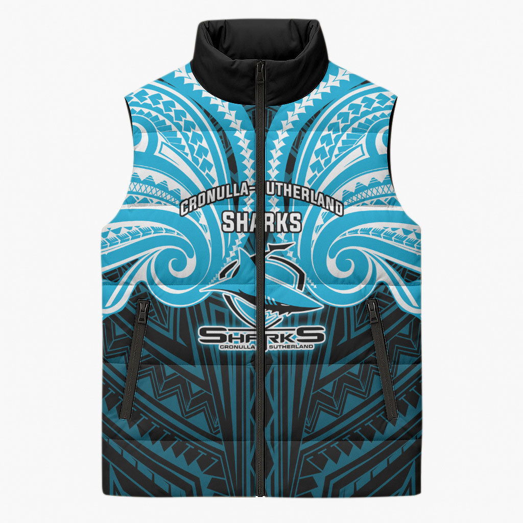 Custom Cronulla-Sutherland Sharks Sleeveless Puffer Jacket Shark Warrior Polynesia Islander Rugby Mascot