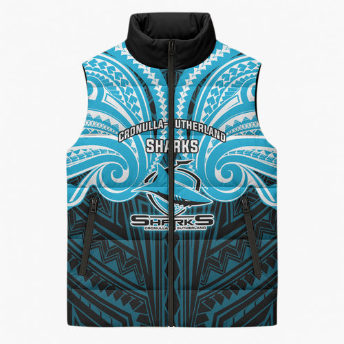Custom Cronulla-Sutherland Sharks Sleeveless Puffer Jacket Shark Warrior Polynesia Islander Rugby Mascot