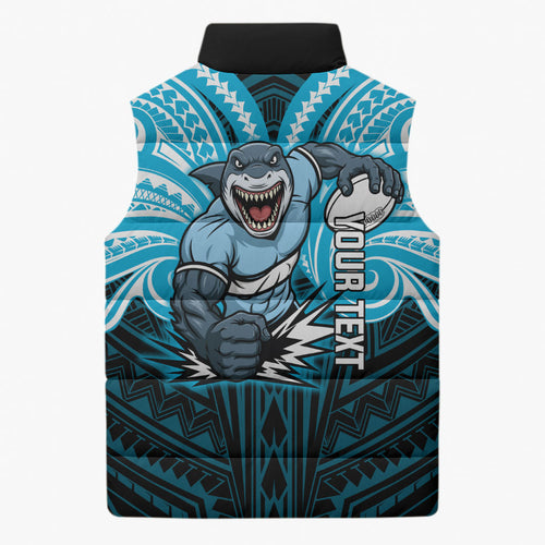 Custom Cronulla-Sutherland Sharks Sleeveless Puffer Jacket Shark Warrior Polynesia Islander Rugby Mascot