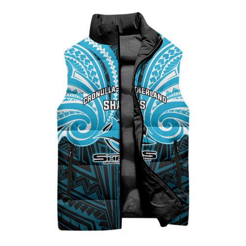 Custom Cronulla-Sutherland Sharks Sleeveless Puffer Jacket Shark Warrior Polynesia Islander Rugby Mascot