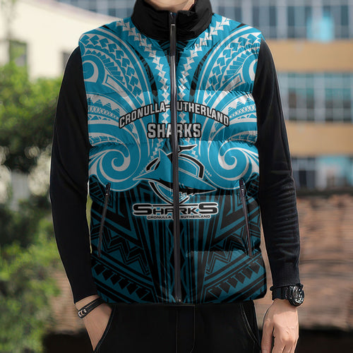 Custom Cronulla-Sutherland Sharks Sleeveless Puffer Jacket Shark Warrior Polynesia Islander Rugby Mascot