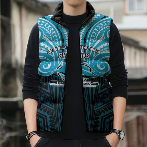Custom Cronulla-Sutherland Sharks Sleeveless Puffer Jacket Shark Warrior Polynesia Islander Rugby Mascot