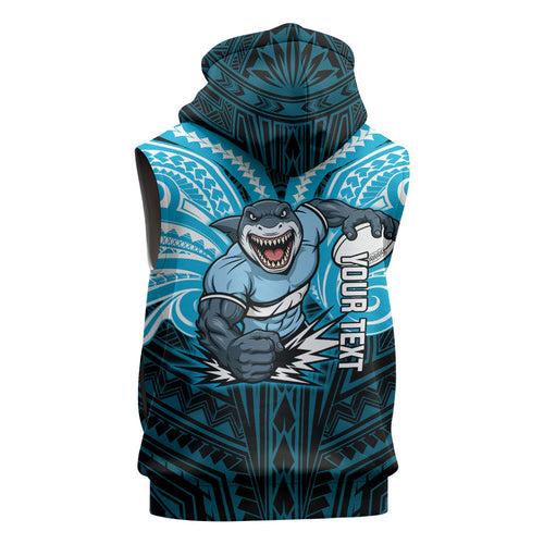 Custom Cronulla-Sutherland Sharks Sleeveless Zip Hoodie Shark Warrior Polynesia Islander Rugby Mascot