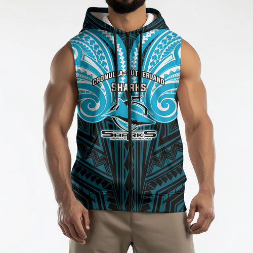 Custom Cronulla-Sutherland Sharks Sleeveless Zip Hoodie Shark Warrior Polynesia Islander Rugby Mascot