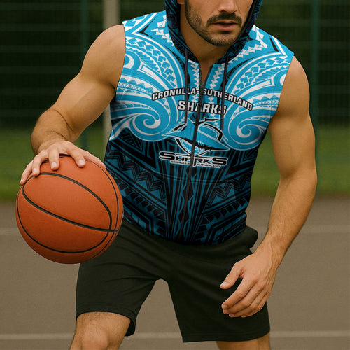 Custom Cronulla-Sutherland Sharks Sleeveless Zip Hoodie Shark Warrior Polynesia Islander Rugby Mascot