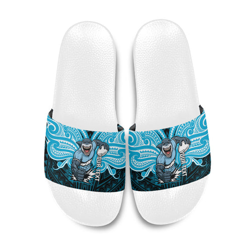 Custom Cronulla-Sutherland Sharks Slide Sandals Shark Warrior Polynesia Islander Rugby Mascot