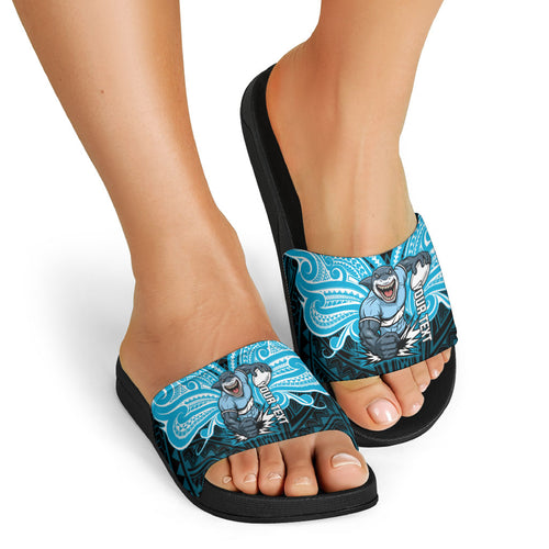 Custom Cronulla-Sutherland Sharks Slide Sandals Shark Warrior Polynesia Islander Rugby Mascot