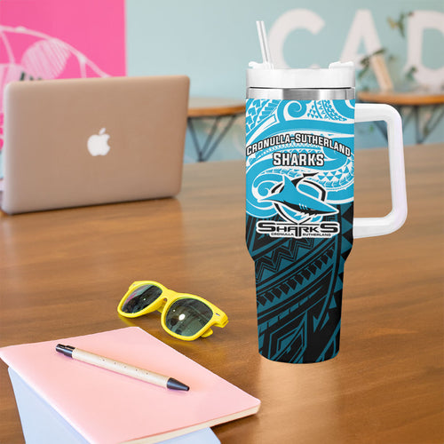 Custom Cronulla-Sutherland Sharks Tumbler With Handle Shark Warrior Polynesia Islander Rugby Mascot