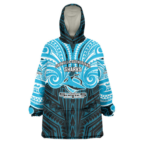 Custom Cronulla-Sutherland Sharks Wearable Blanket Hoodie Shark Warrior Polynesia Islander Rugby Mascot