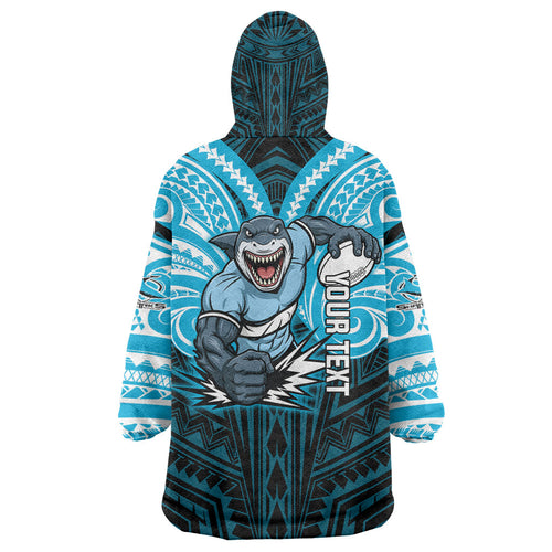 Custom Cronulla-Sutherland Sharks Wearable Blanket Hoodie Shark Warrior Polynesia Islander Rugby Mascot