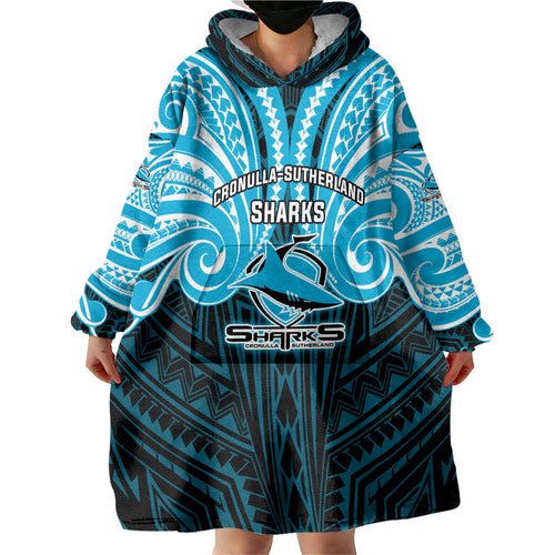 Custom Cronulla-Sutherland Sharks Wearable Blanket Hoodie Shark Warrior Polynesia Islander Rugby Mascot