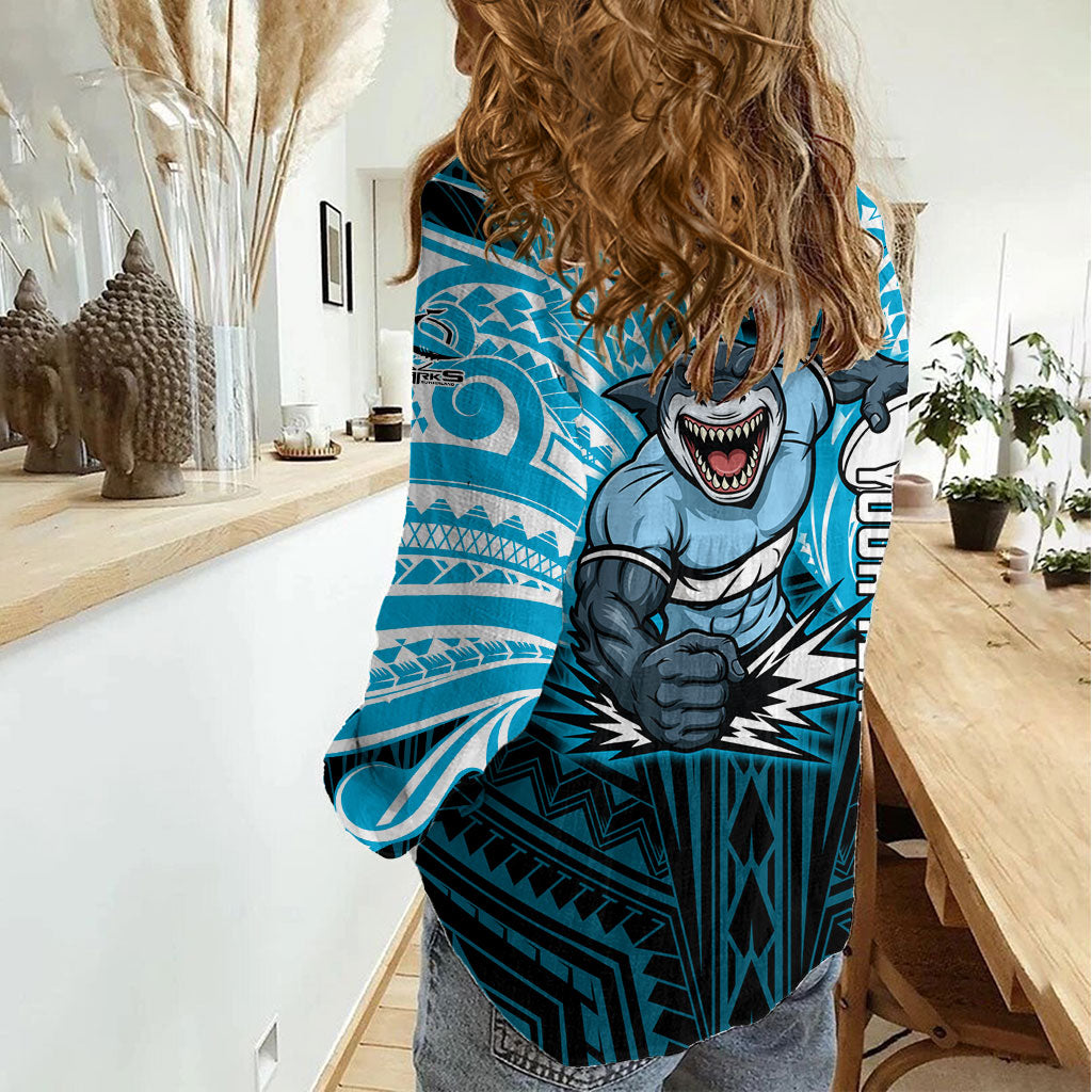 Custom Cronulla-Sutherland Sharks Women Casual Shirt Shark Warrior Polynesia Islander Rugby Mascot