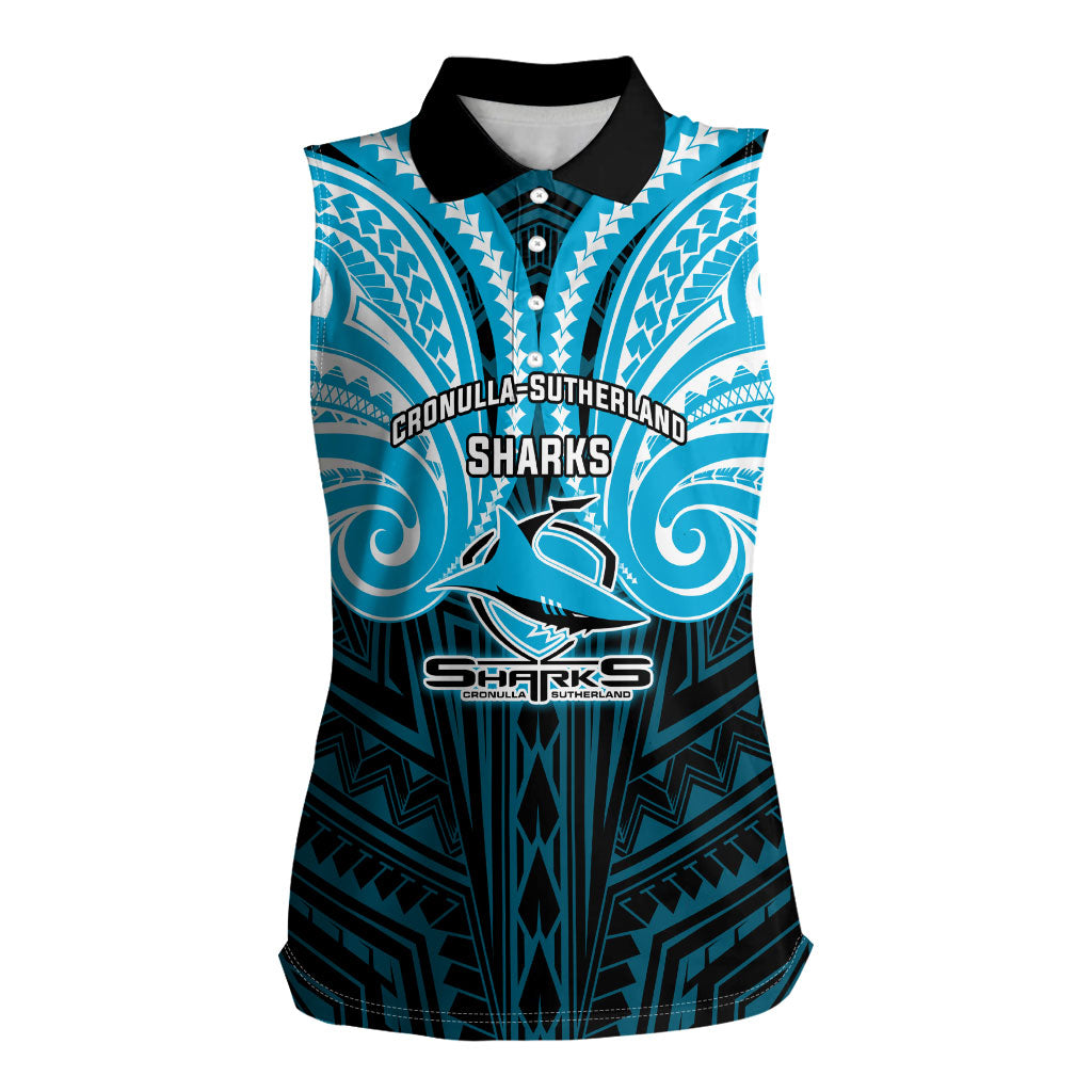 Custom Cronulla-Sutherland Sharks Women Sleeveless Polo Shirt Shark Warrior Polynesia Islander Rugby Mascot